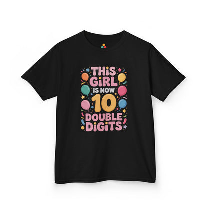 “Black ‘This Girl Is Now 10 Double Digits’ t‑shirt with yellow 10, pastel balloons and confetti, girls 10th birthday design, flat front view.”

