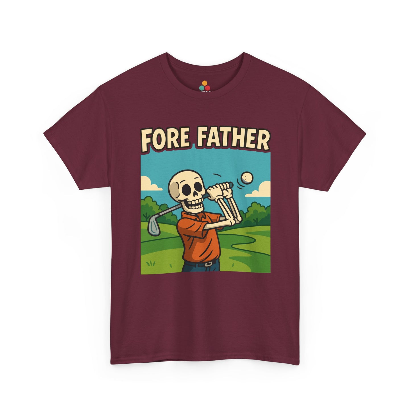 “Maroon‘Fore Father’ shirts with skeleton golfer illustration, flat front view.”

