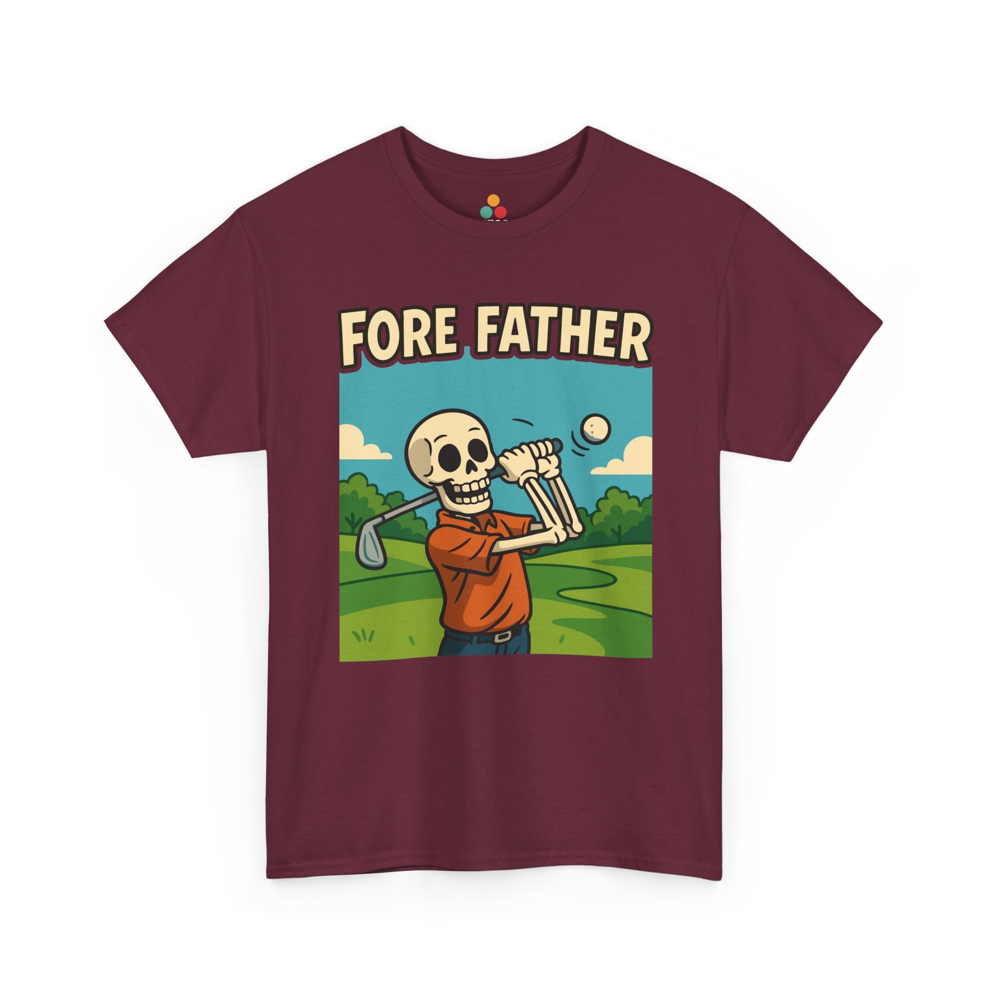 “Maroon‘Fore Father’ shirts with skeleton golfer illustration, flat front view.”

