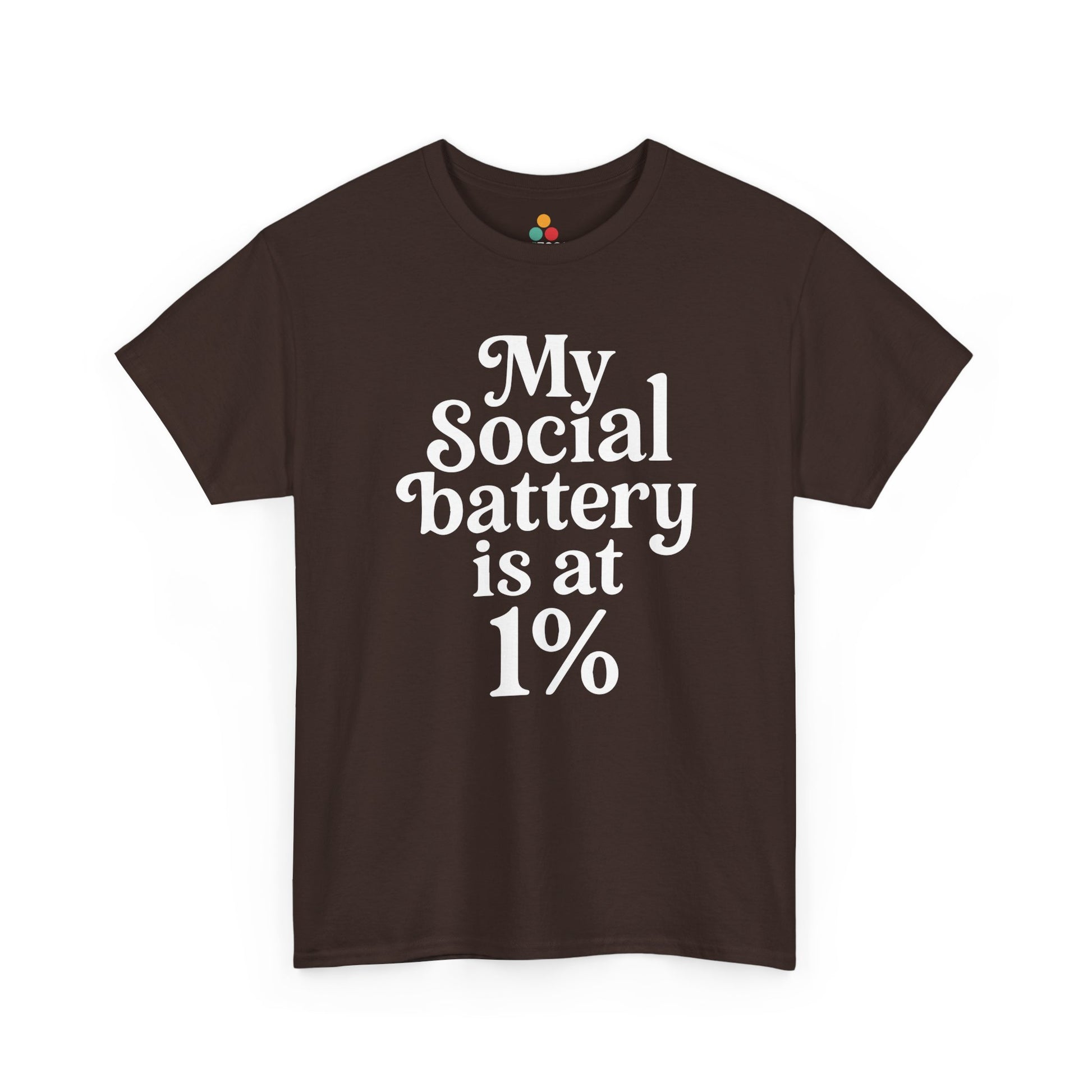 “Teezoca My Social Battery Is At 1% shirt, funny low social energy quote, dark brown tee, flat lay.”


