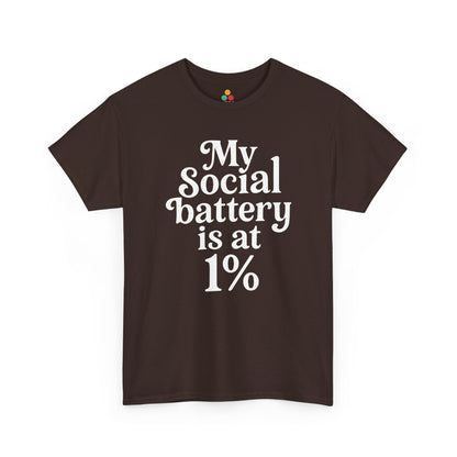 “Teezoca My Social Battery Is At 1% shirt, funny low social energy quote, dark brown tee, flat lay.”

