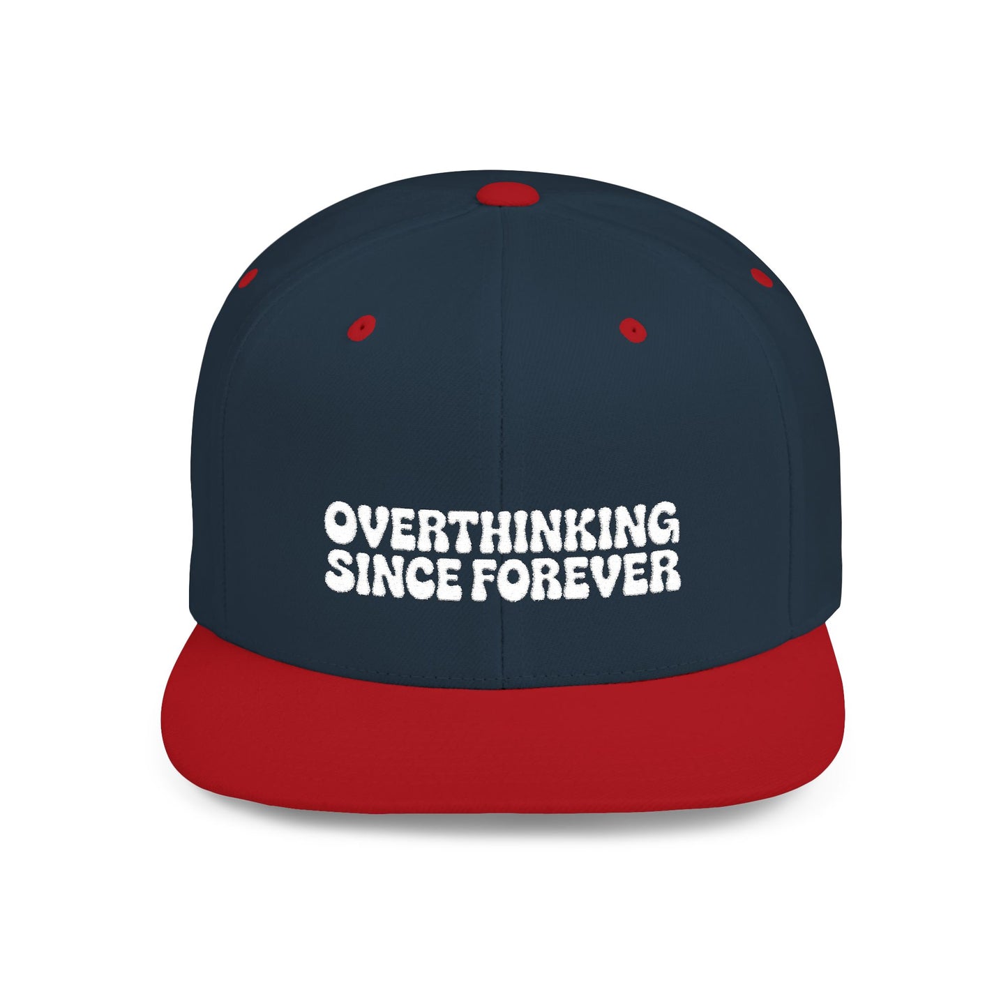 Navy and red cap with 'Overthinking Since Forever' text on a white background