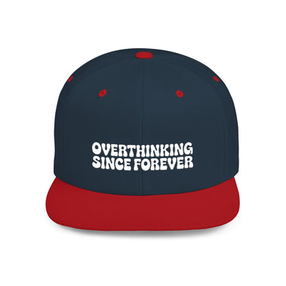 Navy and red cap with 'Overthinking Since Forever' text on a white background