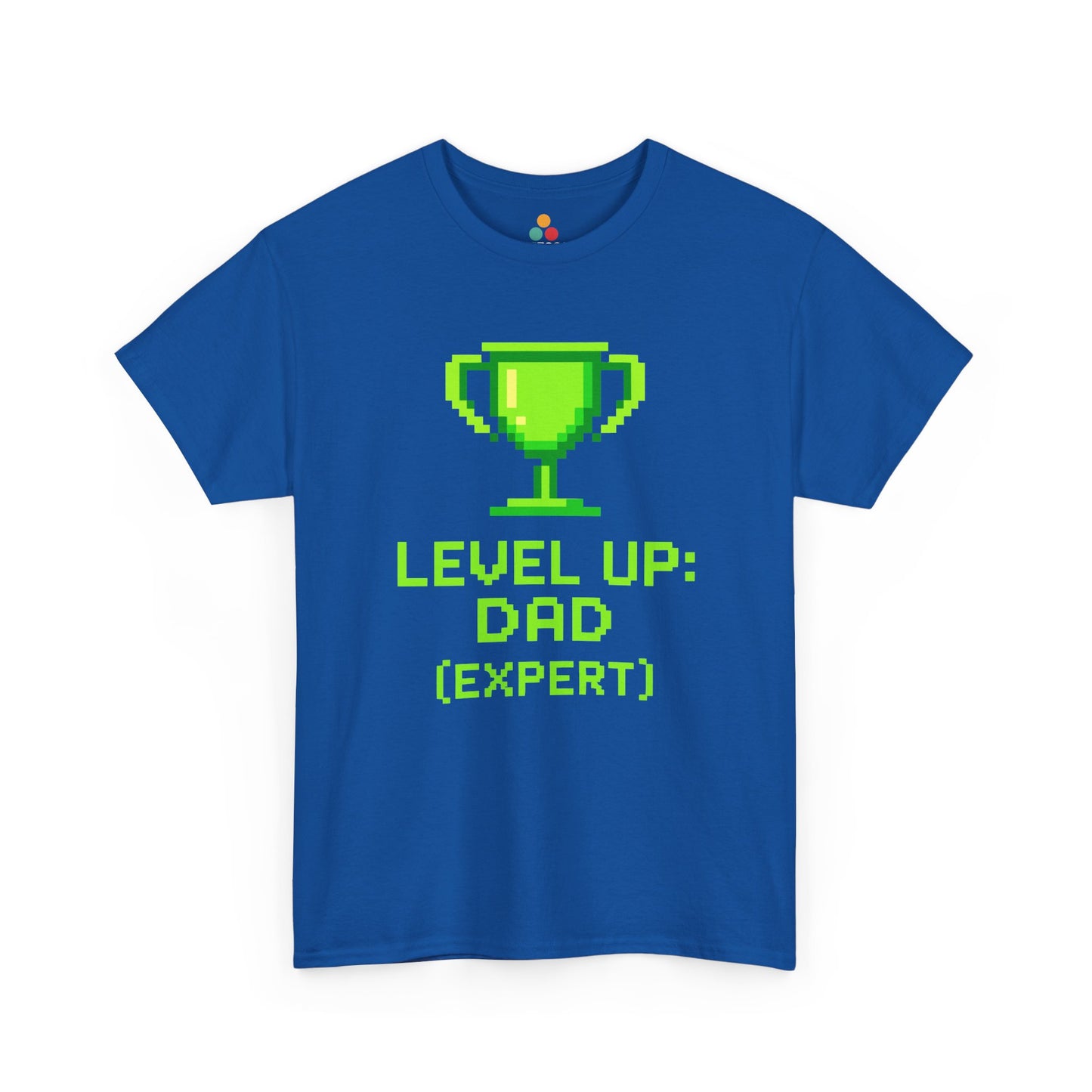 “royal blue,‘Level Up: Dad (Expert)’ tees with neon trophy design, flat view.”

