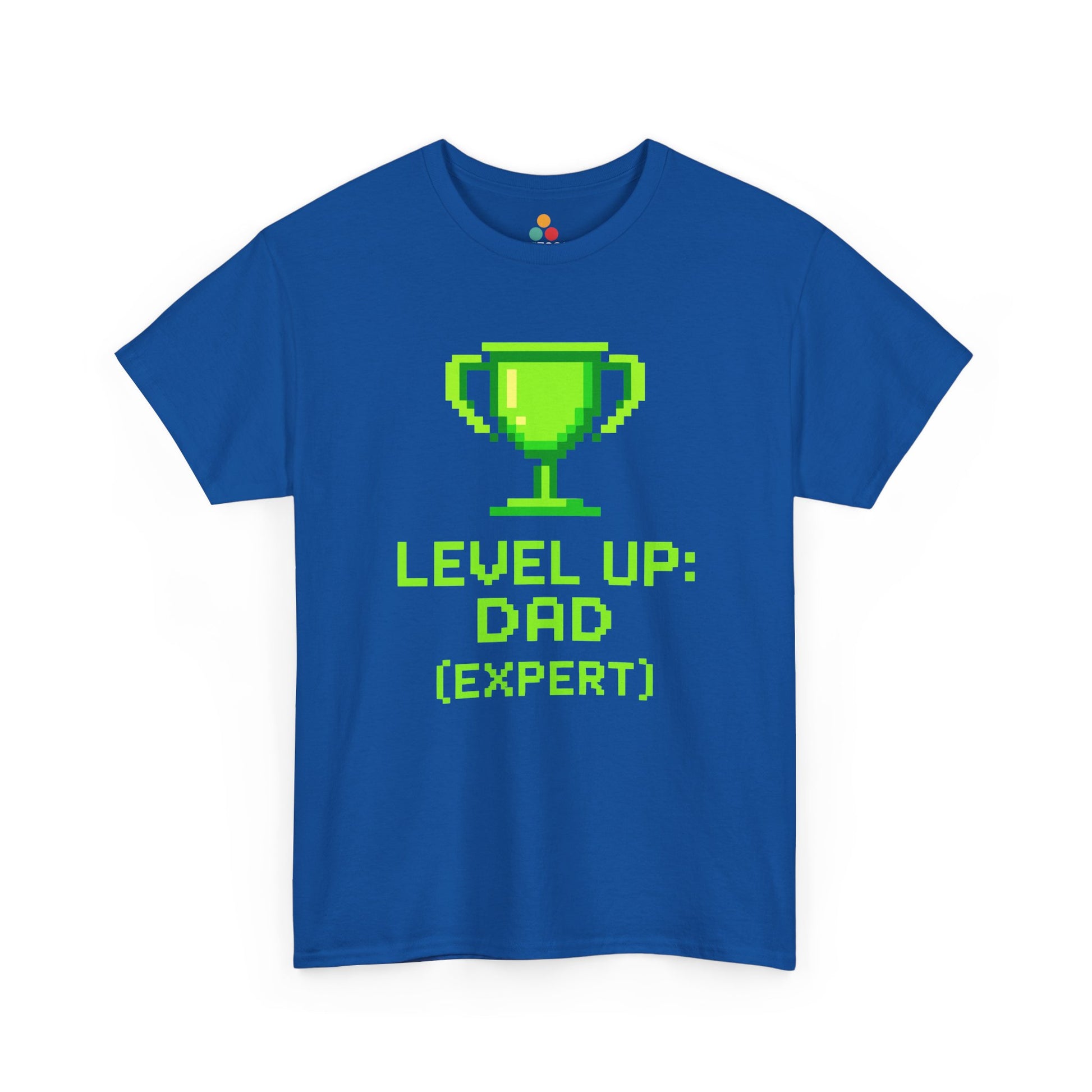 “royal blue,‘Level Up: Dad (Expert)’ tees with neon trophy design, flat view.”

