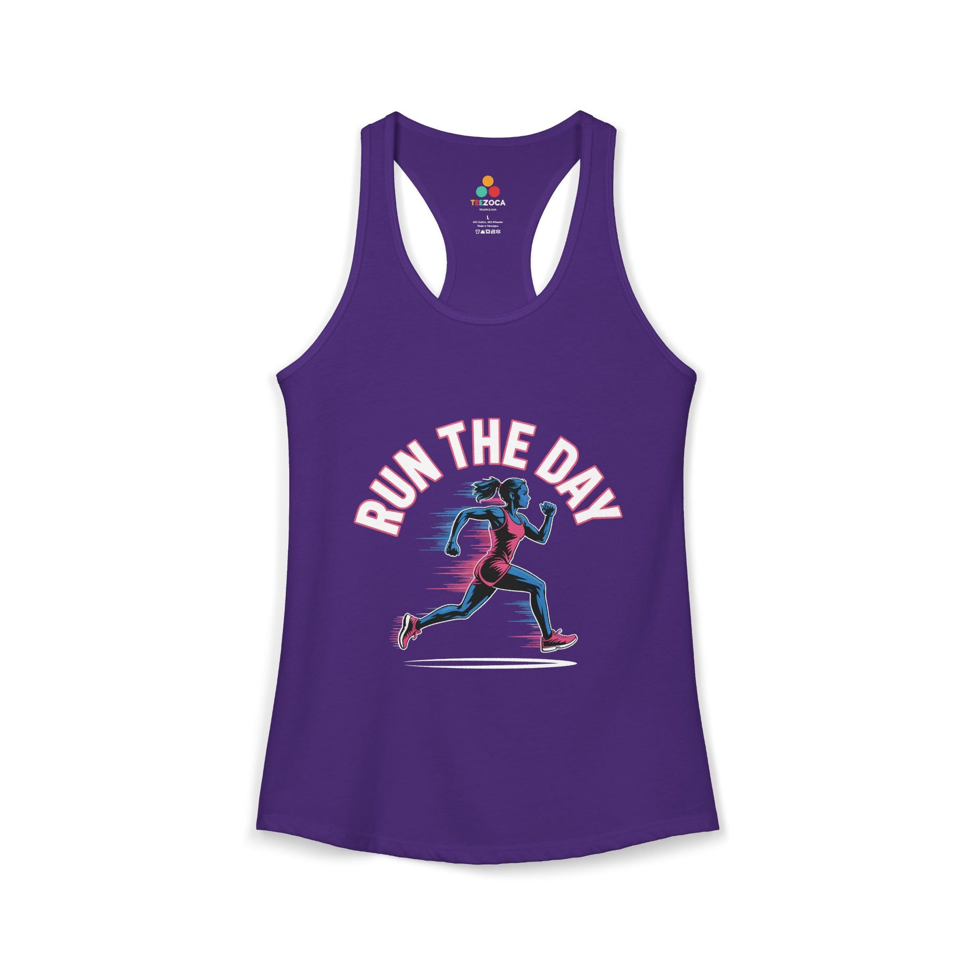 TEEZOCA women’s running tank top with motivational “Run The Day” fitness graphic