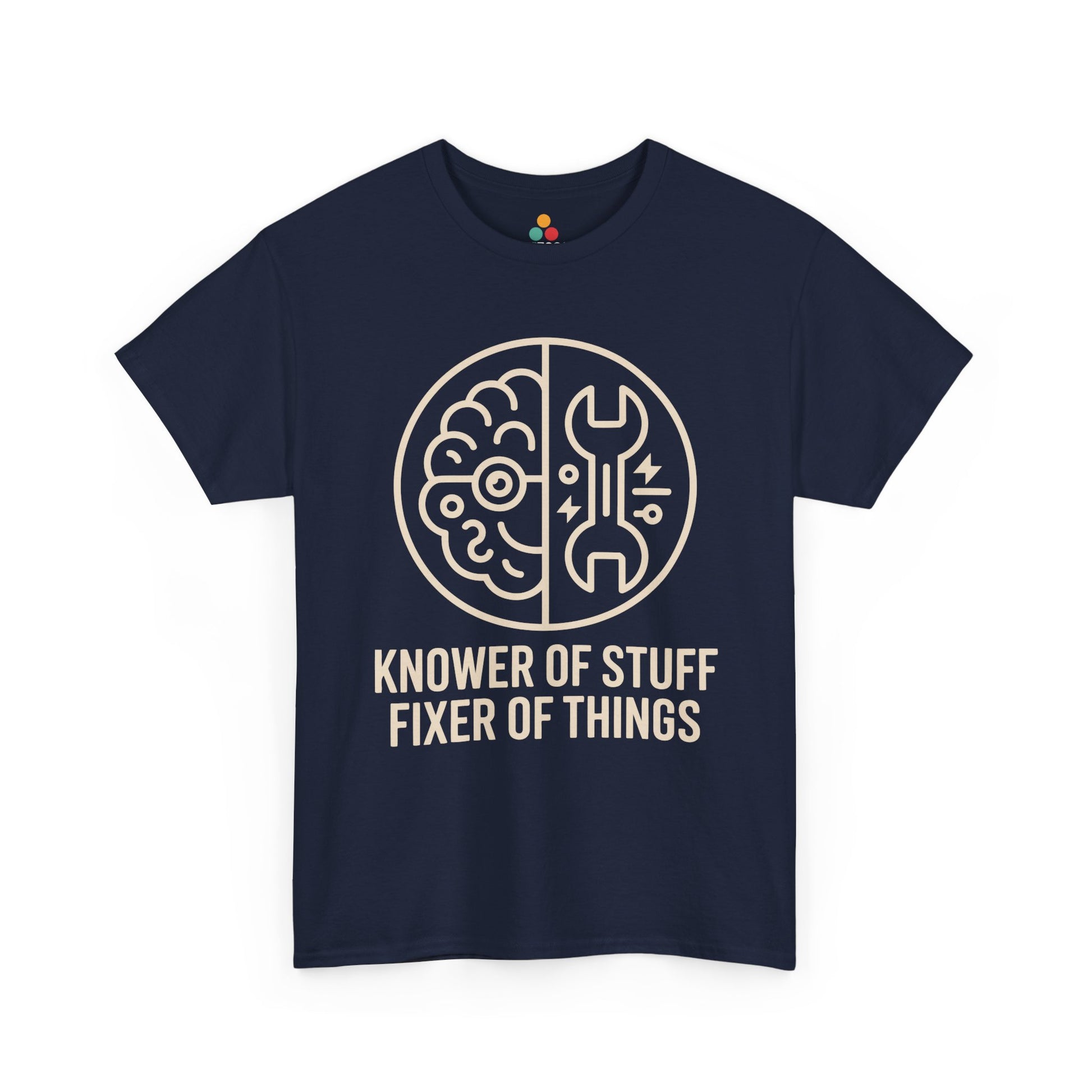 TEEZOCA navy “Knower Of Stuff Fixer Of Things” novelty graphic t‑shirt shown flat.
