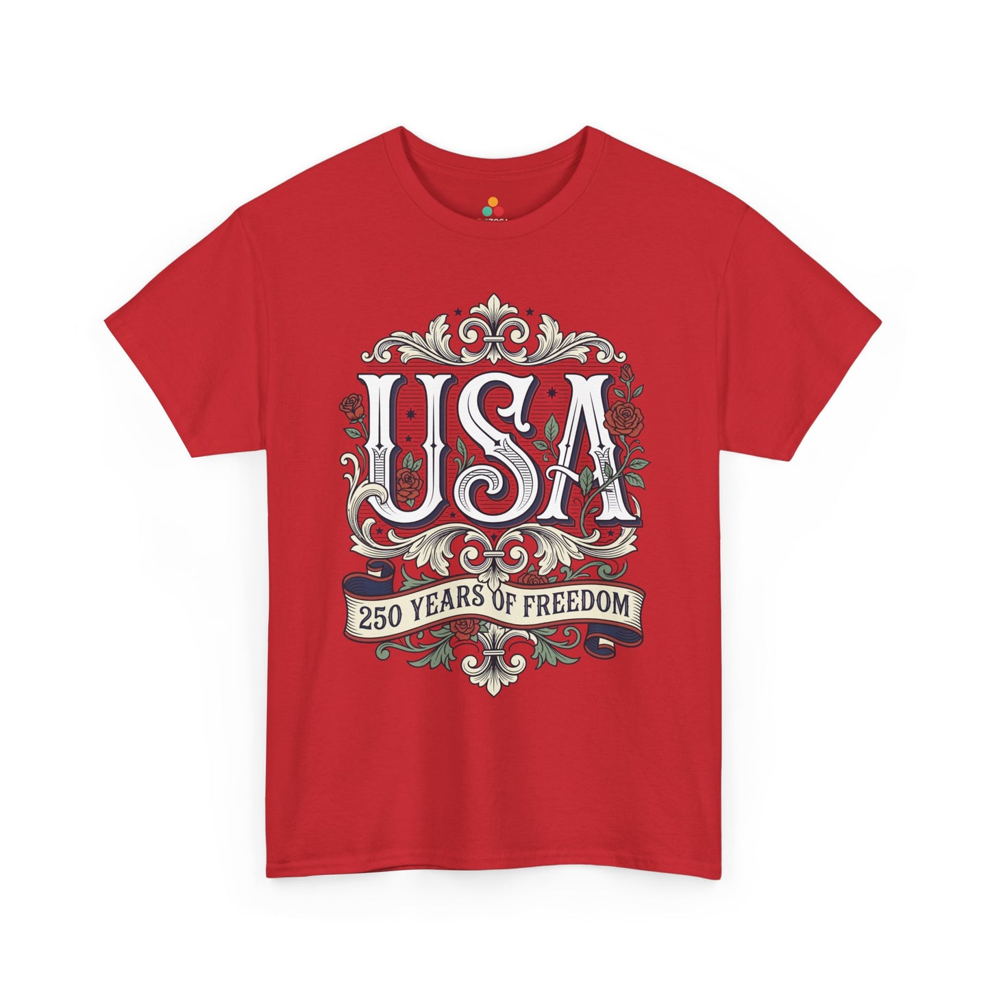 250 Years of Freedom Shirt — Vintage Americana T-shirt for Women | TEEZOCA Freedom Shirt T-shirt featuring ornate USA lettering, red roses, scrollwork, and a 250 Years of Freedom ribbon.
