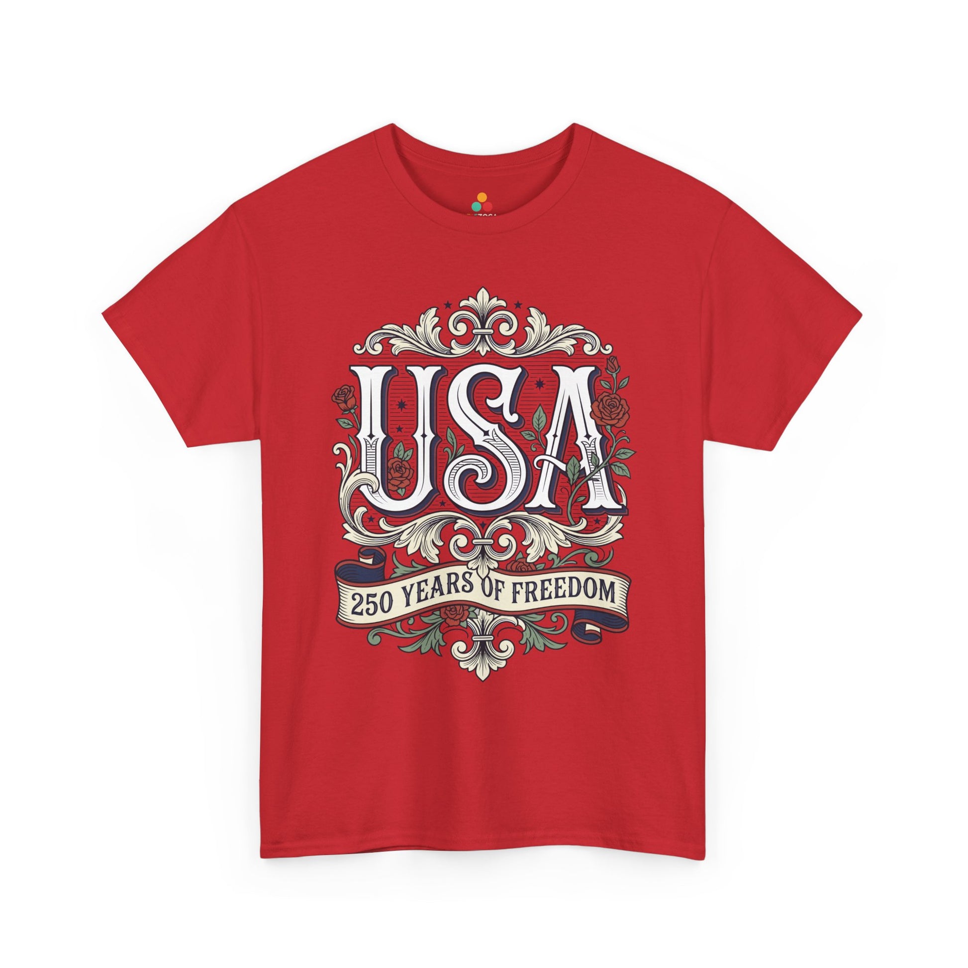 250 Years of Freedom Shirt — Vintage Americana T-shirt for Women | TEEZOCA Freedom Shirt T-shirt featuring ornate USA lettering, red roses, scrollwork, and a 250 Years of Freedom ribbon.
