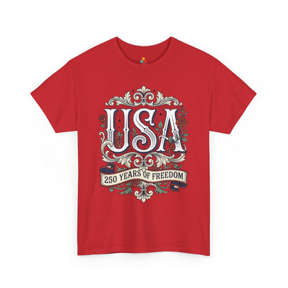 250 Years of Freedom Shirt — Vintage Americana T-shirt for Women | TEEZOCA Freedom Shirt T-shirt featuring ornate USA lettering, red roses, scrollwork, and a 250 Years of Freedom ribbon.
