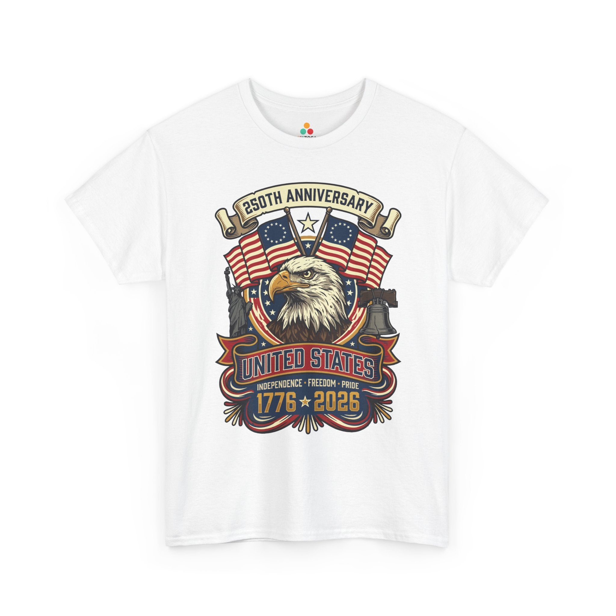 250th anniversary shirt T-shirt with bald eagle crossed Betsy Ross flags Statue of Liberty Liberty Bell and 1776 2026 text