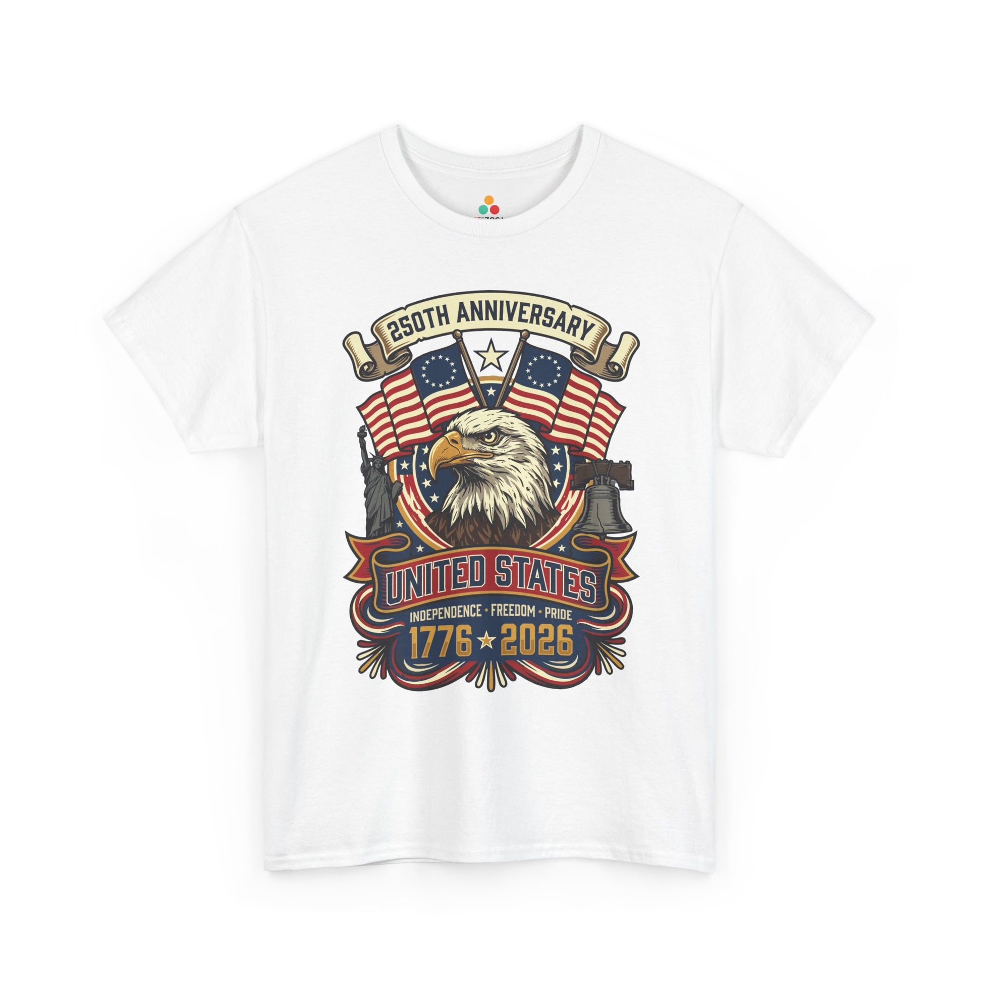 250th anniversary shirt T-shirt with bald eagle, crossed Betsy Ross flags, Statue of Liberty, Liberty Bell, and 1776 2026 text.