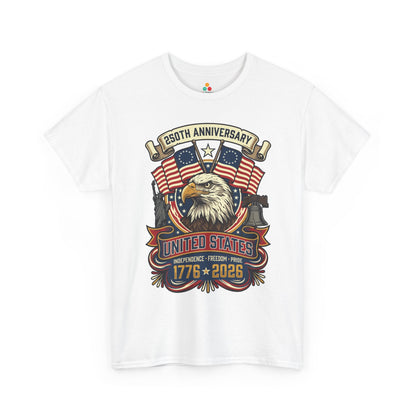 250th anniversary shirt T-shirt with bald eagle, crossed Betsy Ross flags, Statue of Liberty, Liberty Bell, and 1776 2026 text.