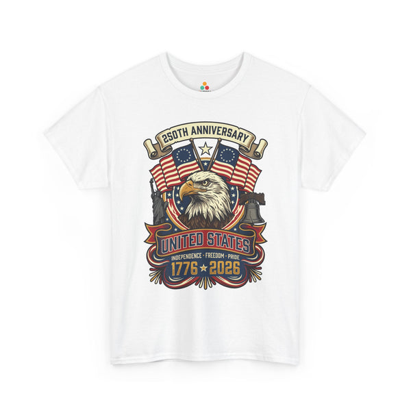 250th anniversary shirt T-shirt with bald eagle crossed Betsy Ross flags Statue of Liberty Liberty Bell and 1776 2026 text