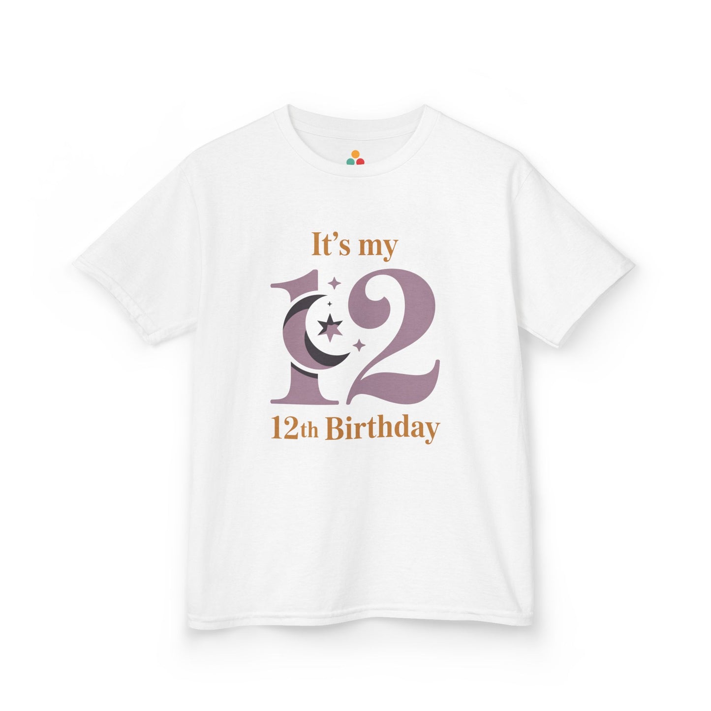 White kids’ t‑shirt with mauve “12” moon and stars graphic and gold “It’s my 12th Birthday” text, flat front view.