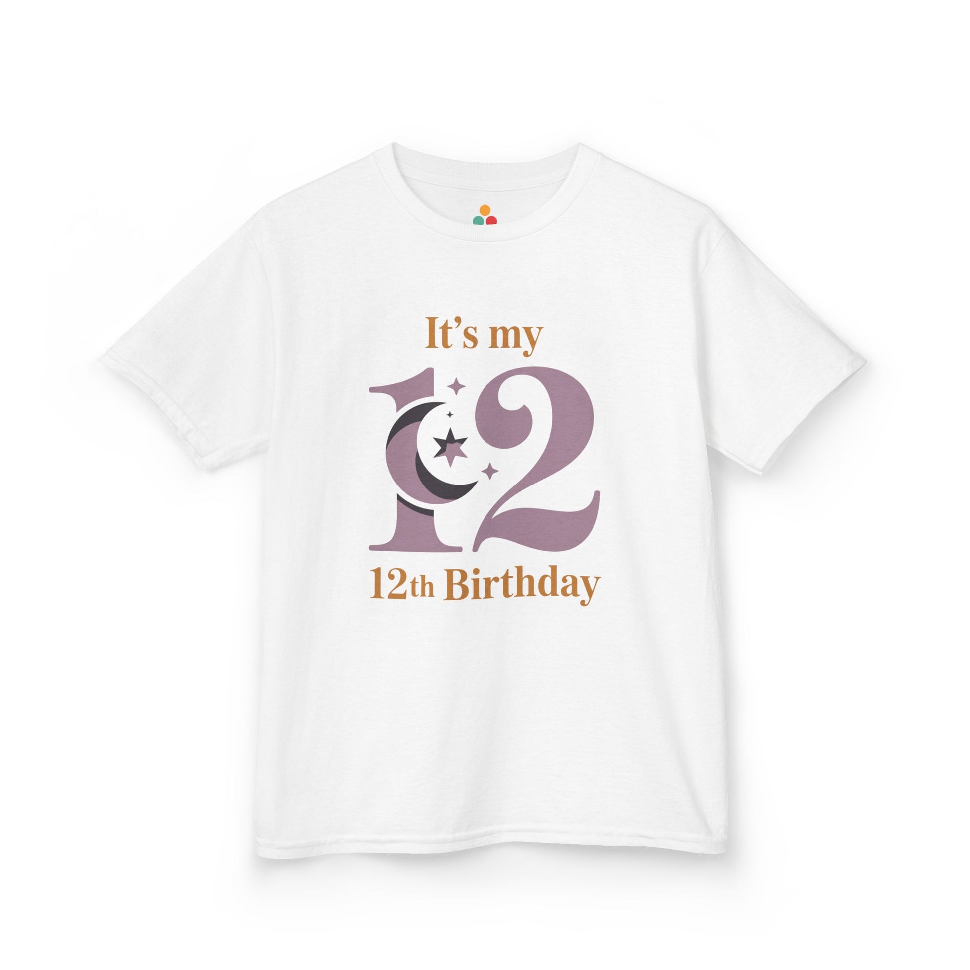 White kids’ t‑shirt with mauve “12” moon and stars graphic and gold “It’s my 12th Birthday” text, flat front view.