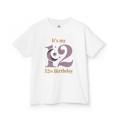 White kids’ t‑shirt with mauve “12” moon and stars graphic and gold “It’s my 12th Birthday” text, flat front view.
