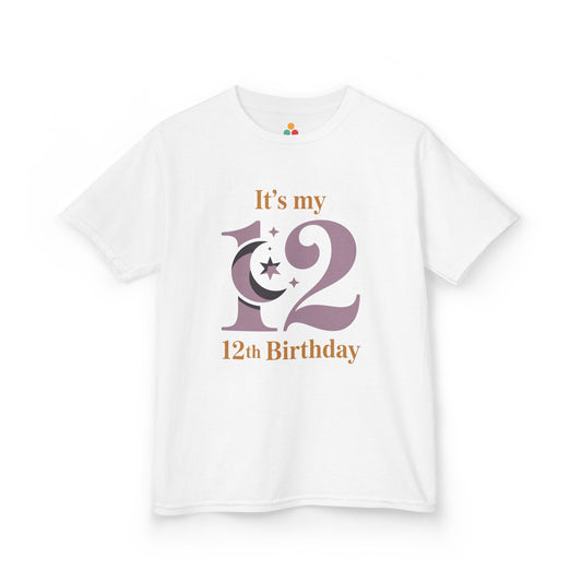 White kids’ t‑shirt with mauve “12” moon and stars graphic and gold “It’s my 12th Birthday” text, flat front view.