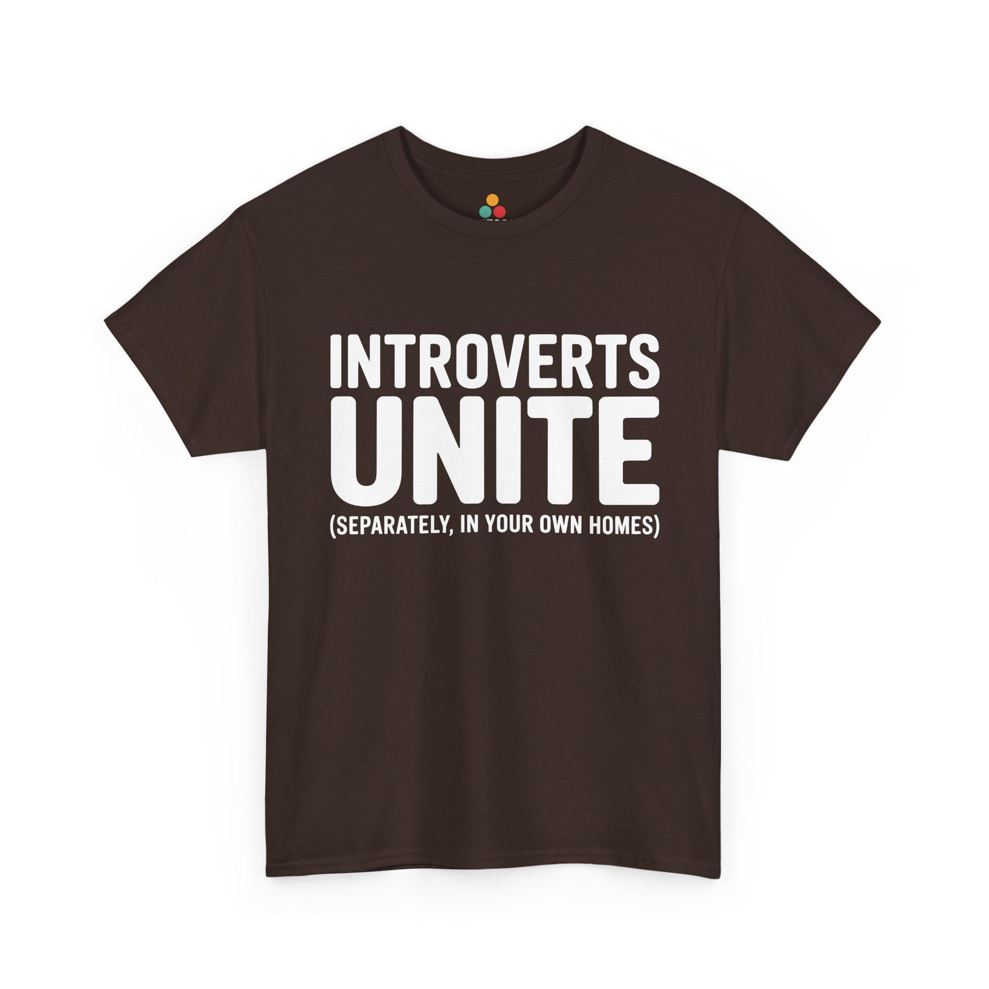 Brown t-shirt with white text 'INTROVERTS UNITE (SEPARATELY, IN YOUR OWN HOMES)' on a white background | TEEZOCA