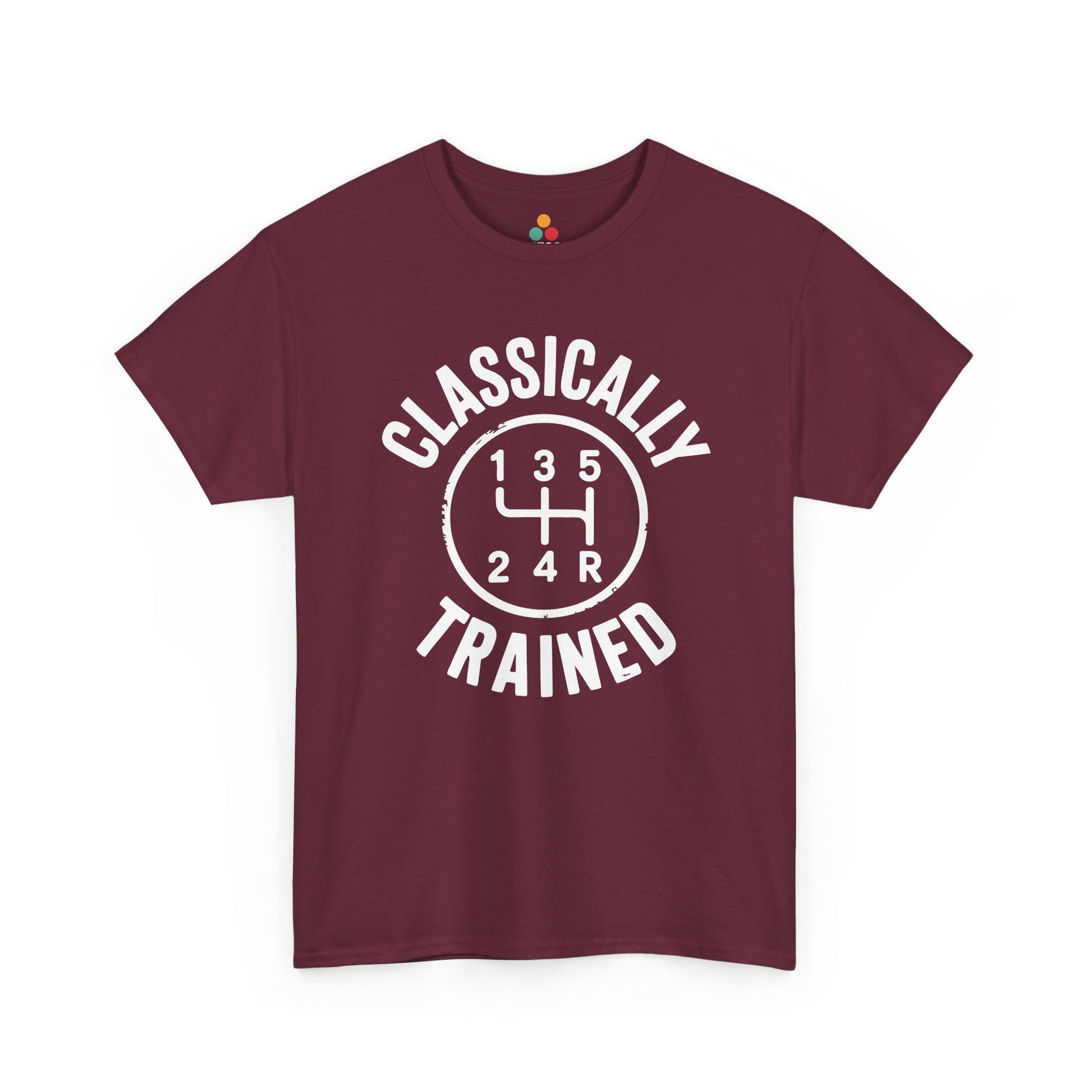 Maroon t‑shirt with bold white “Classically Trained” gear‑shift graphic, flat front view.​