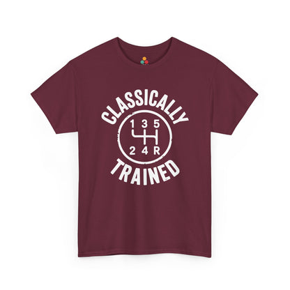 Maroon t‑shirt with bold white “Classically Trained” gear‑shift graphic, flat front view.​