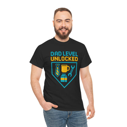"Dad Level Unlocked" t‑shirt with achievement badge design featuring tie, coffee, and wrench icons. Perfect Father's Day gift for new dads and gamer fathers.​

