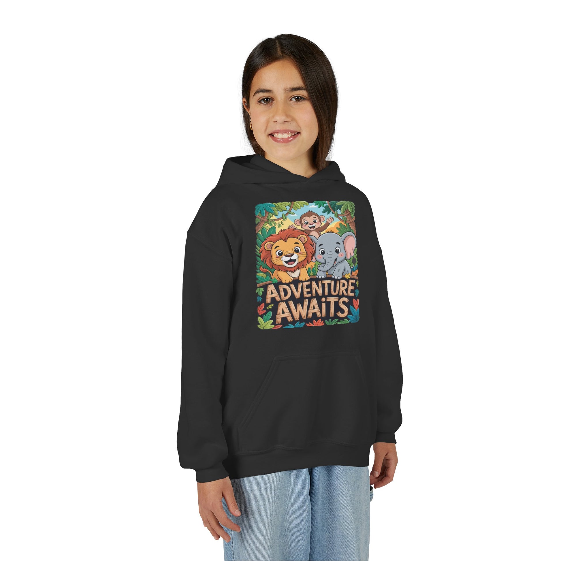 Kids' Hoodie — "Adventure Awaits" Safari Animal Graphic TEEZOCA