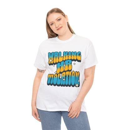 “Women model wearing white ‘Walking HR Violation’ retro office humor t‑shirt, front view.”

