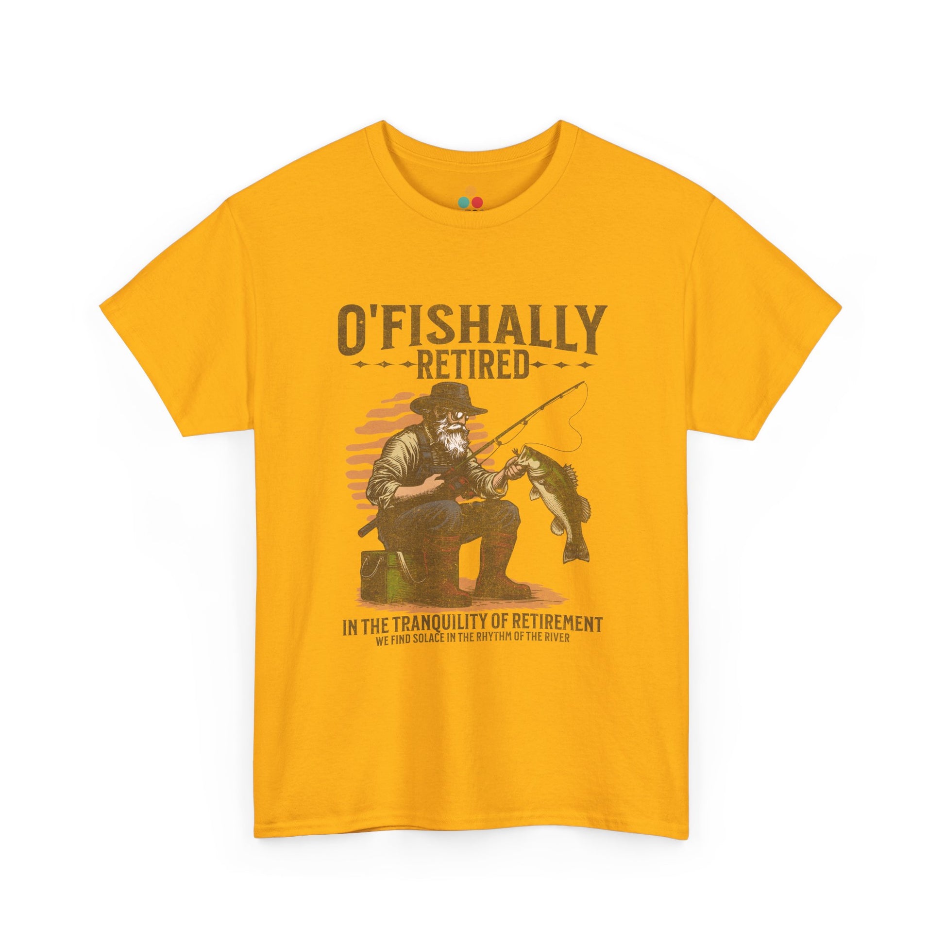 “Teezoca yellow O’Fishally Retired shirt, vintage fisherman illustration and bass catch, funny retirement fishing tee, front”

