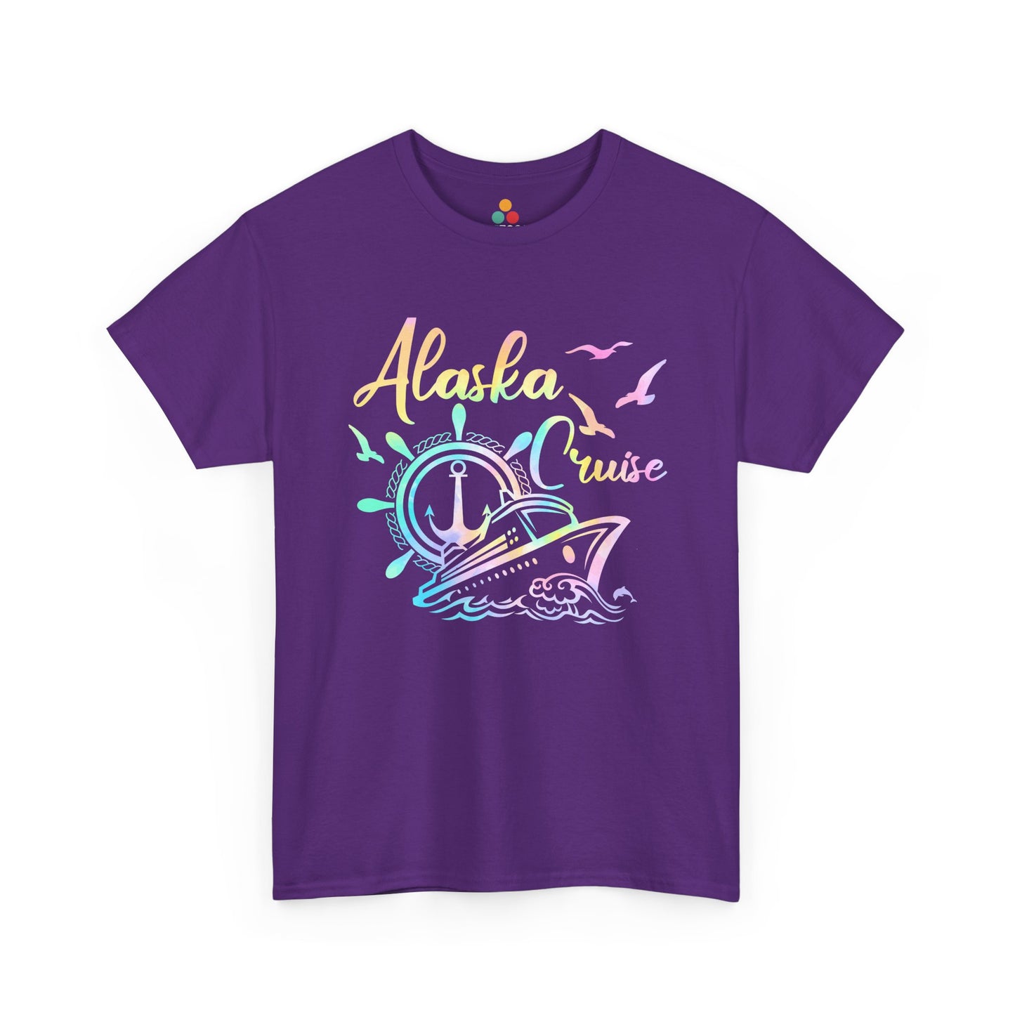 “Teezoca purple Alaska Cruise t-shirt, colorful cruise ship with birds and waves, front view.”

