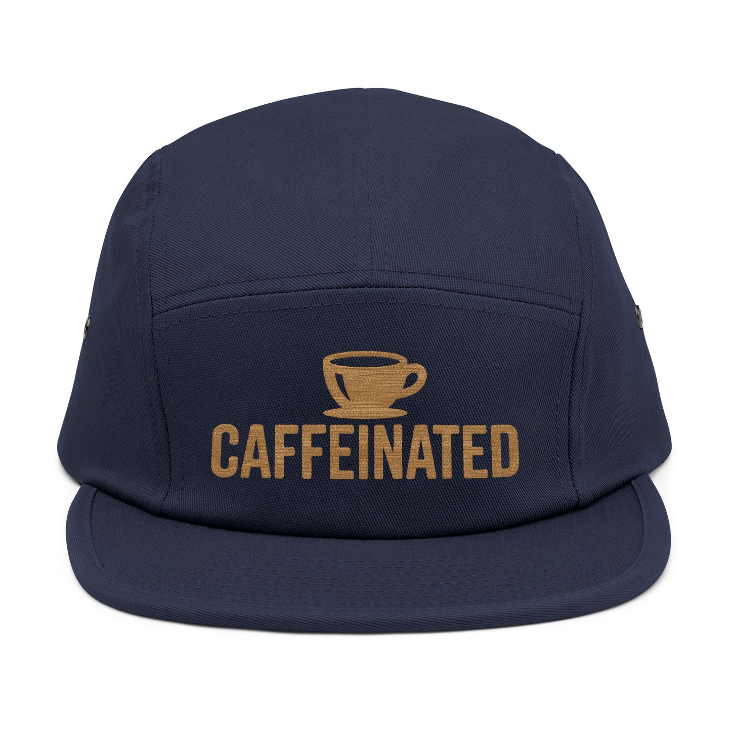 Navy blue cap with 'CAFFEINATED' text and coffee cup graphic on a white background. Caffeinated coffee cup icon embroidered design on five-panel cap. TEEZOCA