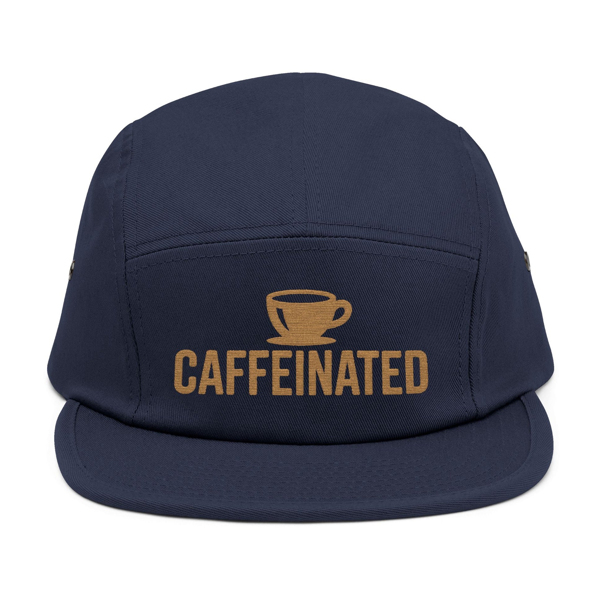 Navy blue cap with 'CAFFEINATED' text and coffee cup graphic on a white background. Caffeinated coffee cup icon embroidered design on five-panel cap. TEEZOCA