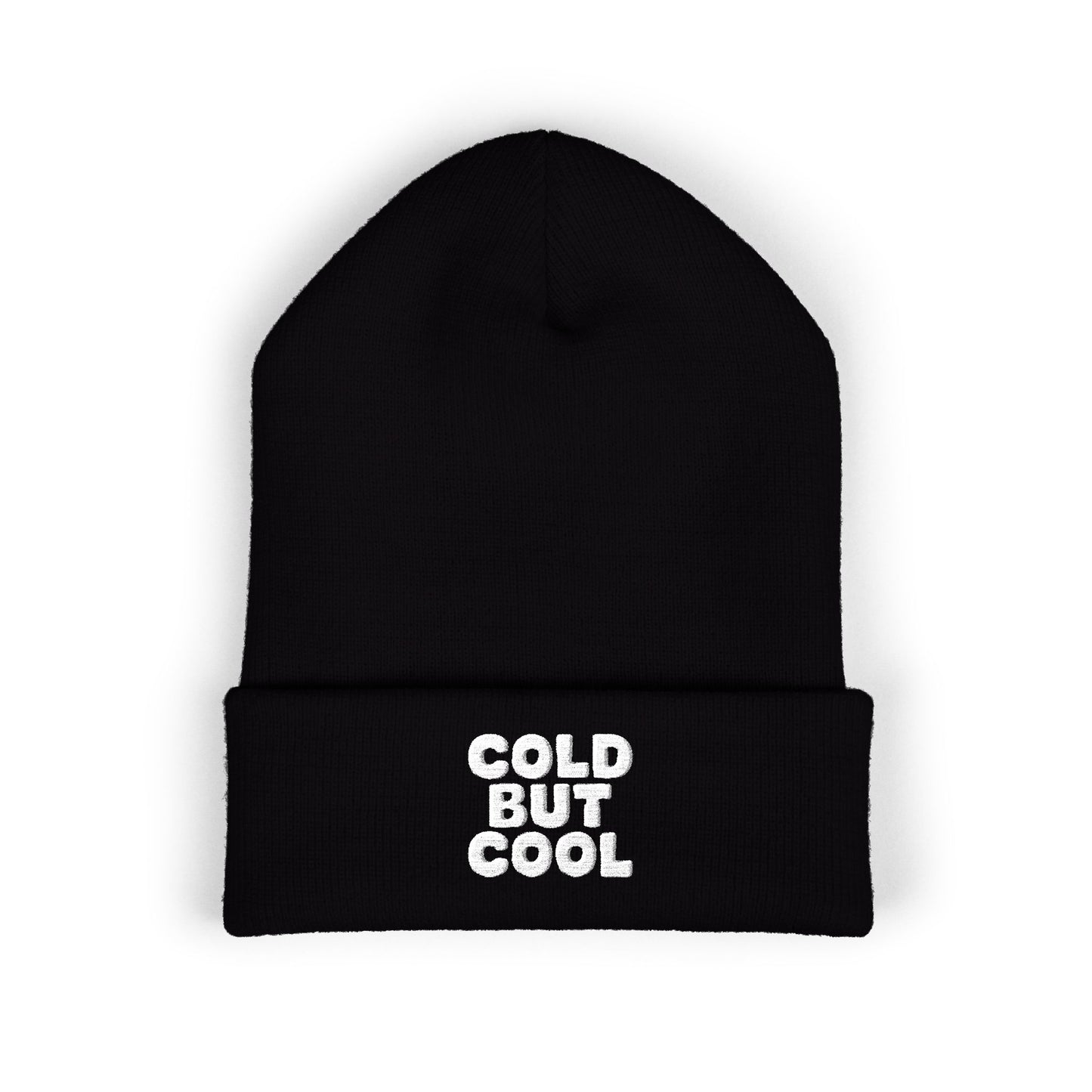 Mustard cuffed beanie with embroidered Cold But Cool lettering on winter hat