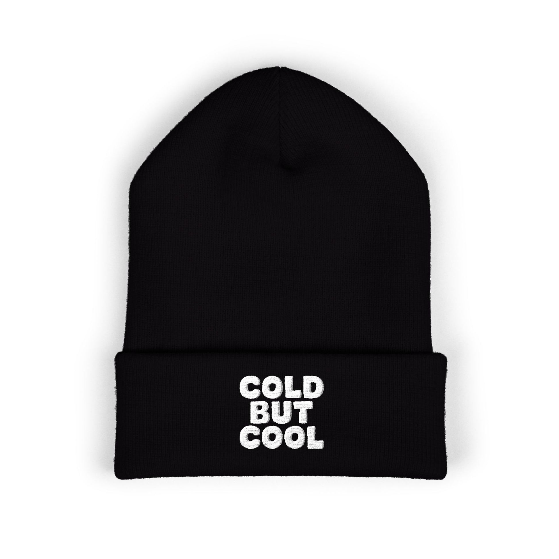 Mustard cuffed beanie with embroidered Cold But Cool lettering on winter hat