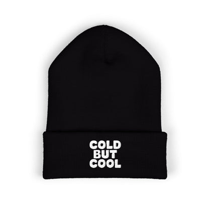 Mustard cuffed beanie with embroidered Cold But Cool lettering on winter hat