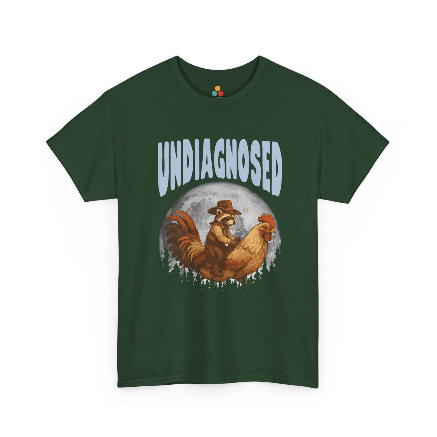 "Forest green unisex shirt with 'Undiagnosed' vintage western text and retro cowboy desert scene, flat display."
