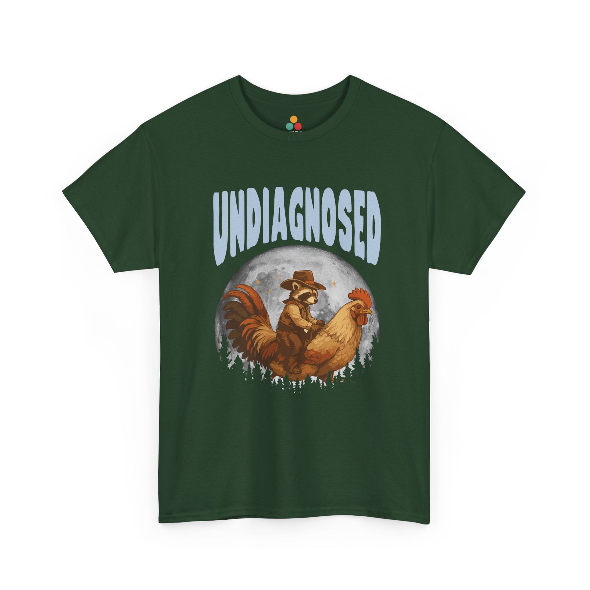 "Forest green unisex shirt with 'Undiagnosed' vintage western text and retro cowboy desert scene, flat display."
