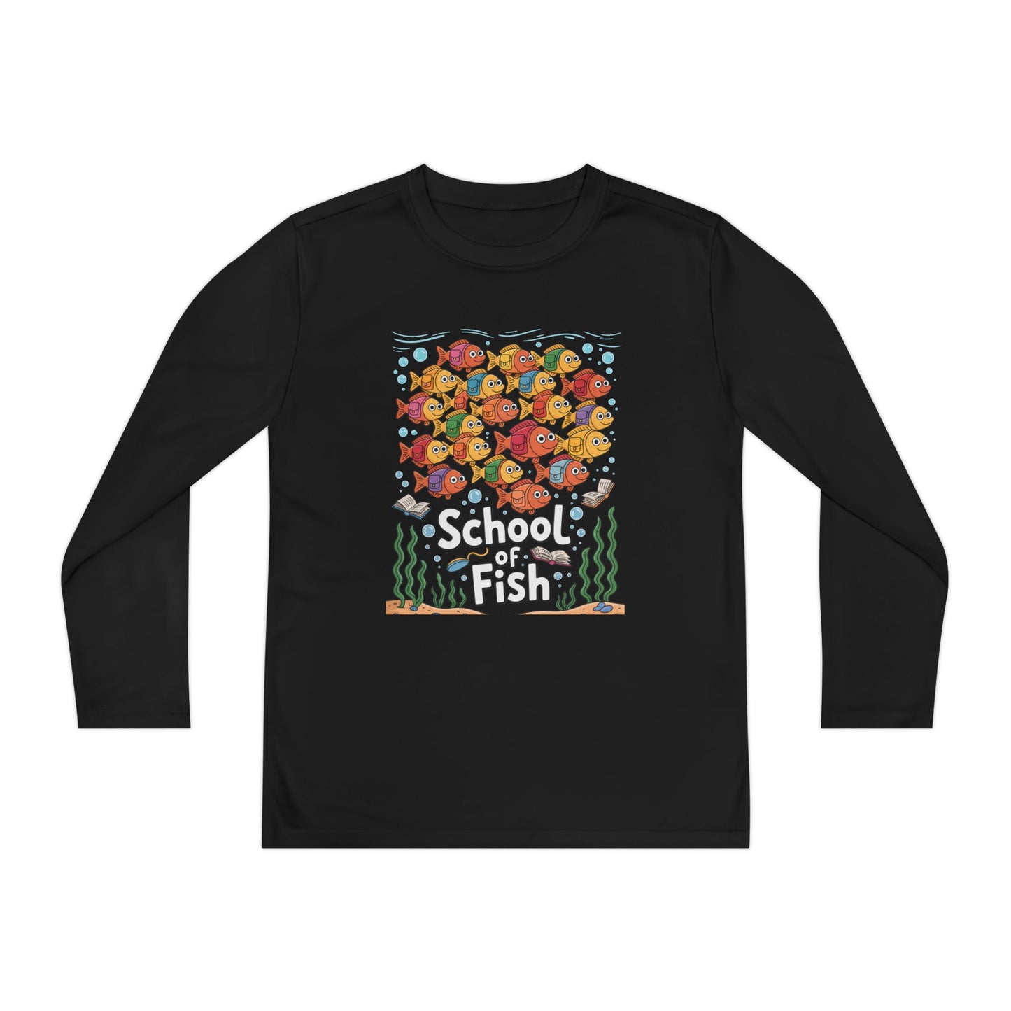 Youth Long Sleeve Tee – "School of Fish" Colorful Kids Graphic Shirt TEEZOCA