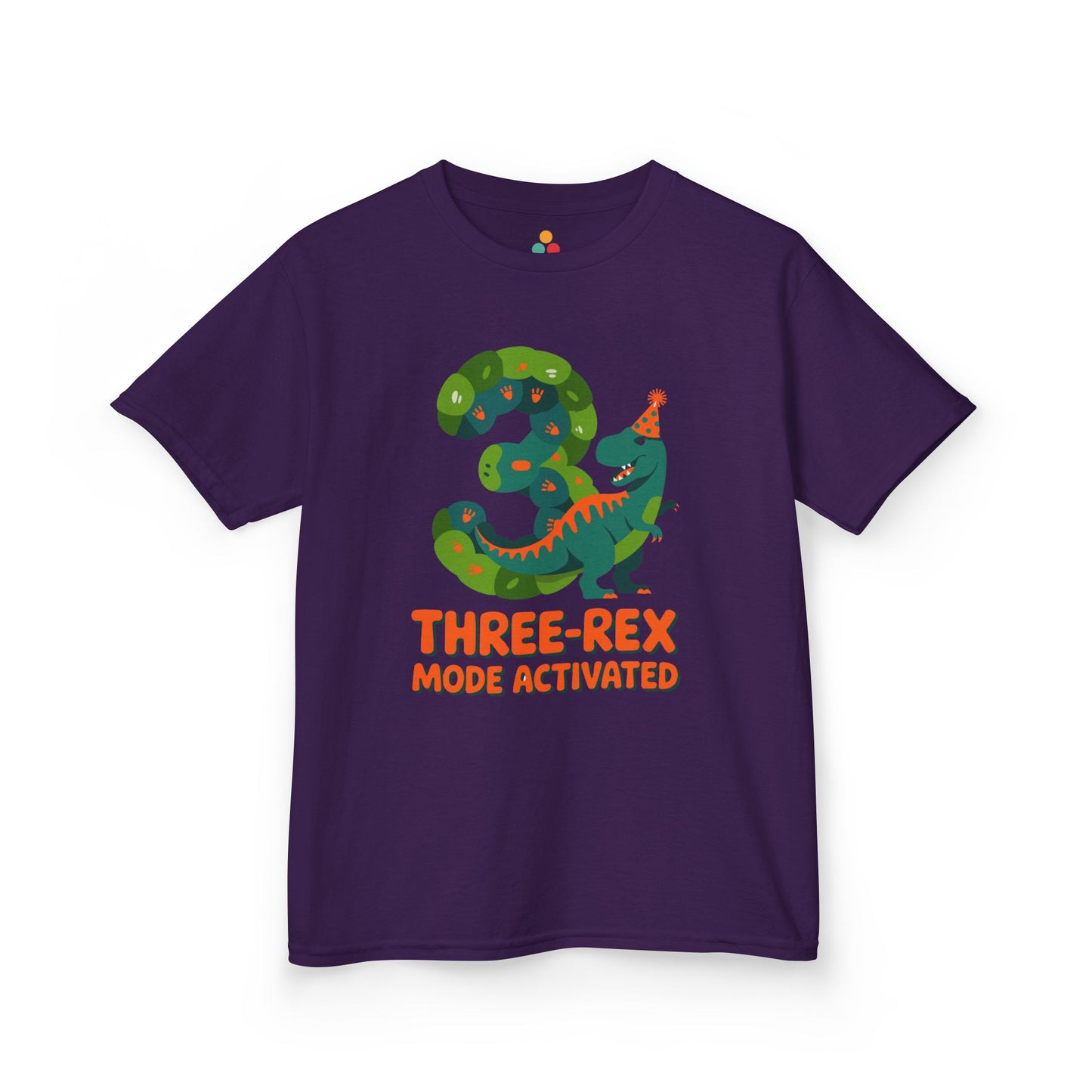 Purple t-shirt with a dinosaur graphic and text on a white background