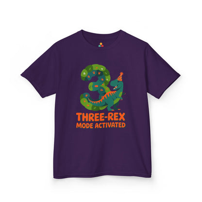 Purple t-shirt with a dinosaur graphic and text on a white background