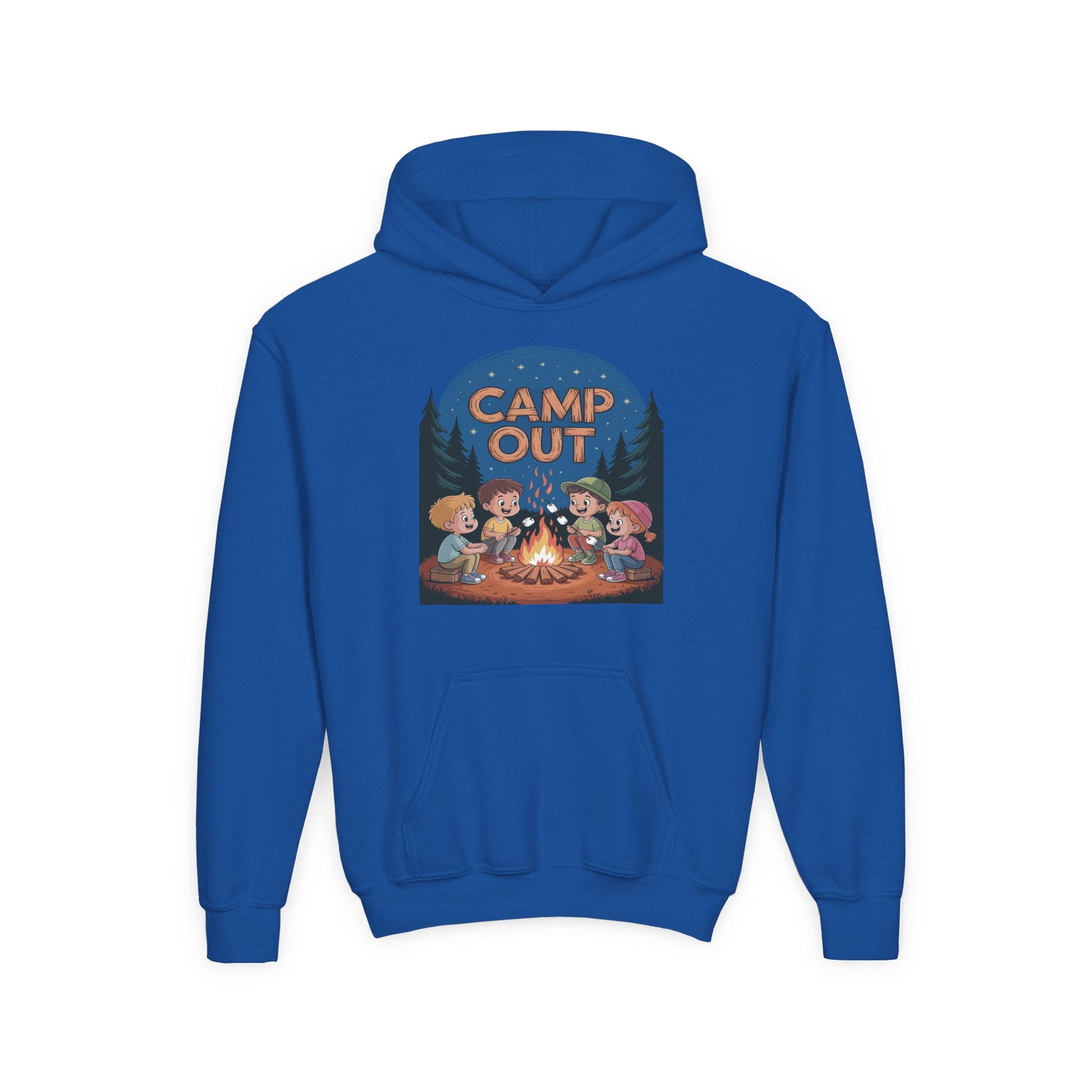 Children’s hoodie featuring kids around campfire camping design TEEZOCA