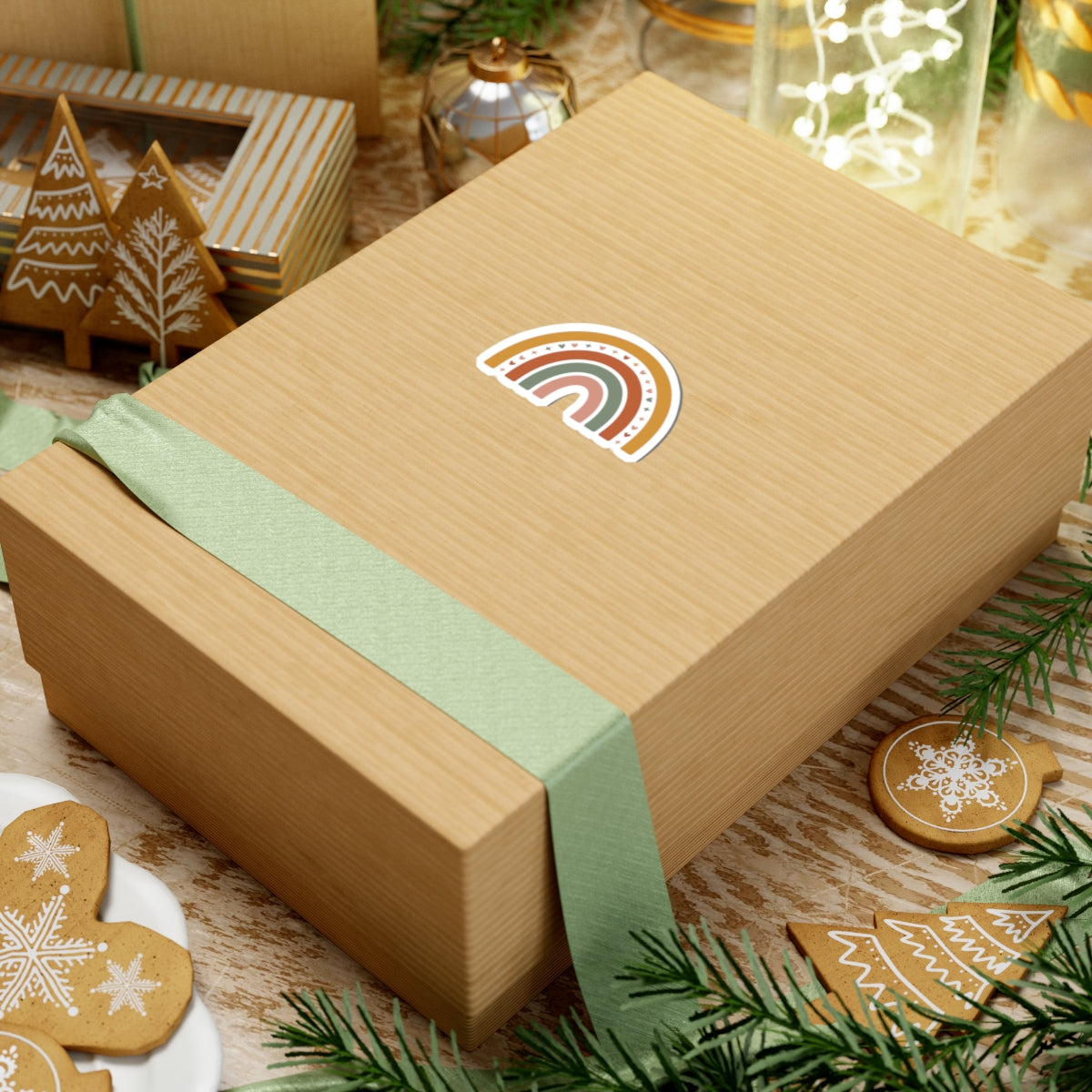 Wooden gift box with a decorative ribbon and logo, surrounded by Christmas-themed cookies and decorations. TEEZOCA