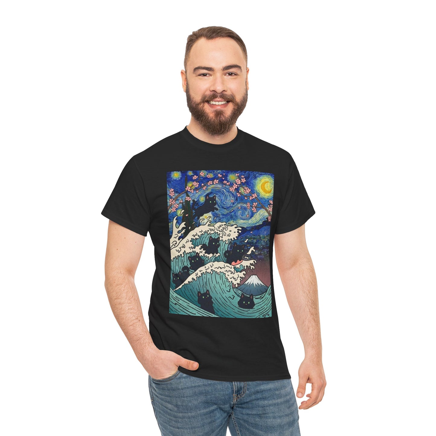 Van Gogh Starry Night Black Cat Wave T-Shirt – Aesthetic Impressionism Inspired Fine Art Tee | TEEZOCA 