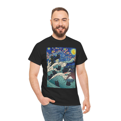 Van Gogh Starry Night Black Cat Wave T-Shirt – Aesthetic Impressionism Inspired Fine Art Tee | TEEZOCA 