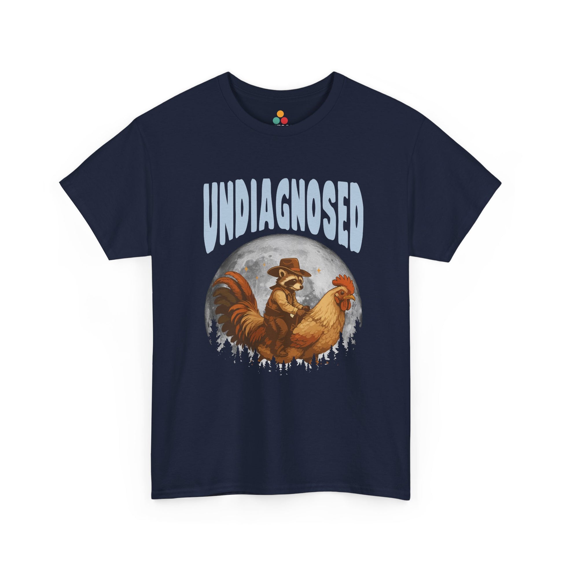 "Navy blue and royal blue 'Undiagnosed' western cowboy raccoon tees with retro lettering and desert art, flat view."

