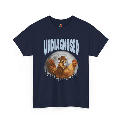 "Navy blue and royal blue 'Undiagnosed' western cowboy raccoon tees with retro lettering and desert art, flat view."


