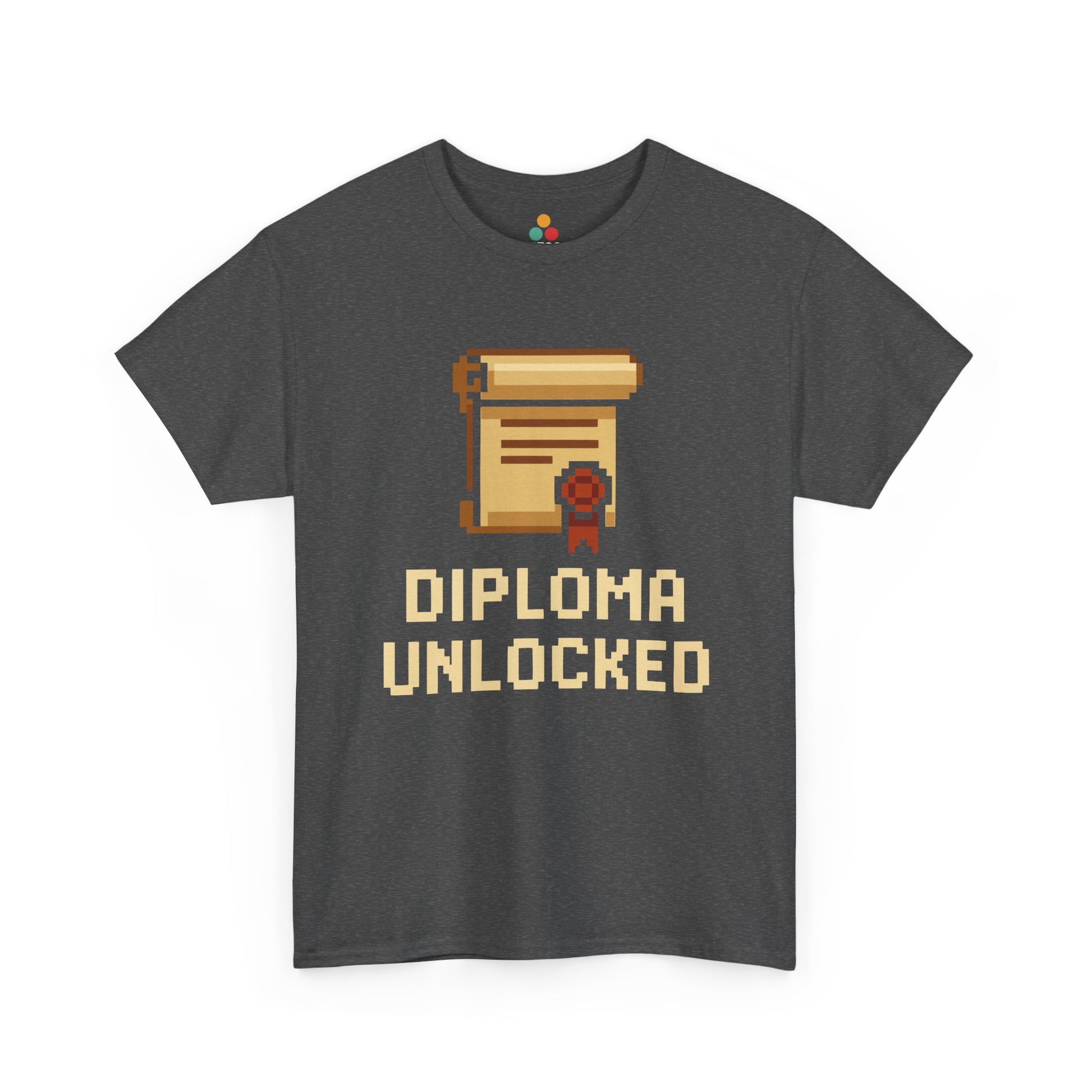 Gray t-shirt with 'Diploma Unlocked' graphic and text on a white background