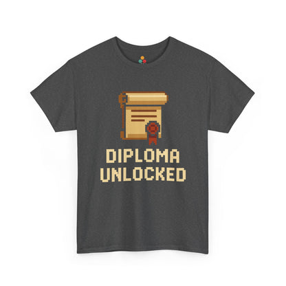 Gray t-shirt with 'Diploma Unlocked' graphic and text on a white background