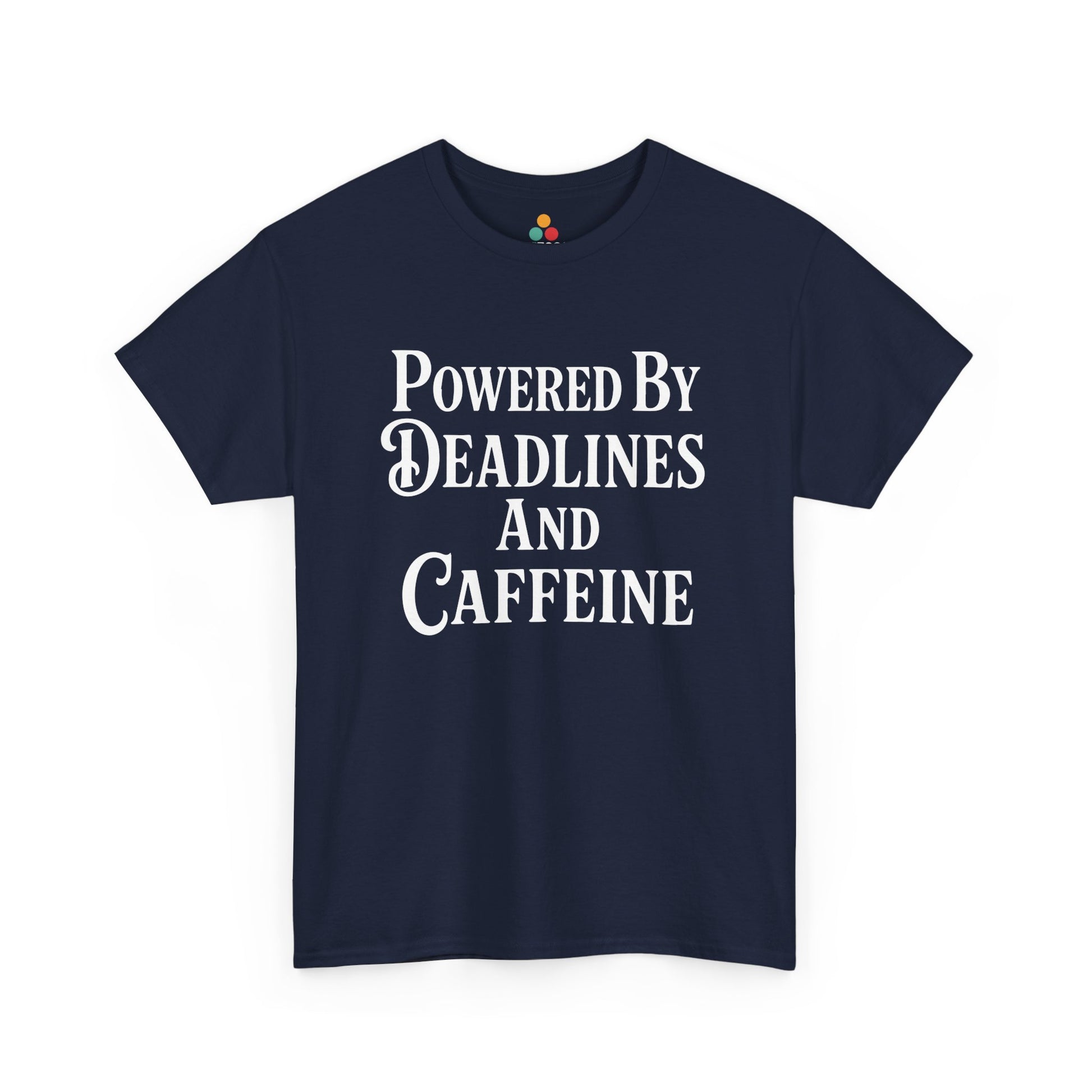 "Navy blue and royal blue 'Powered By Deadlines and Caffeine' tees with white lettering, flat view."

