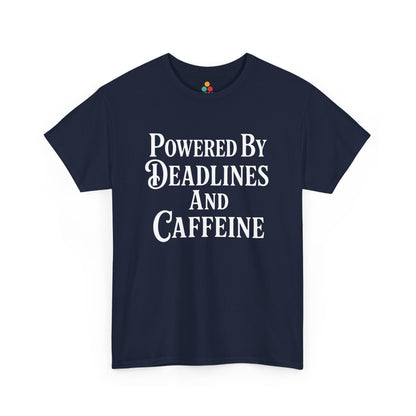 "Navy blue and royal blue 'Powered By Deadlines and Caffeine' tees with white lettering, flat view."


